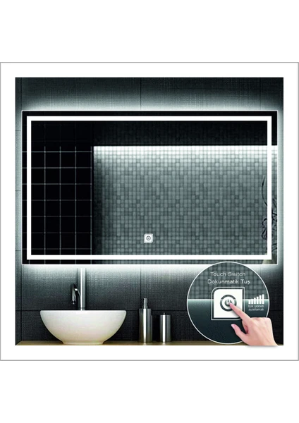 60X80 cm Beyaz Ledli Tasarım Kumlamalı Dokunmatik Tuşlu Banyo Aynası Makyaj Aynası Işıklı Ayna